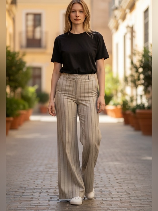 Sinéquanone Pants - Sinéquanone Paris Pinstripe Wide-Leg flare Dress Pants in Olive Brown Size 6